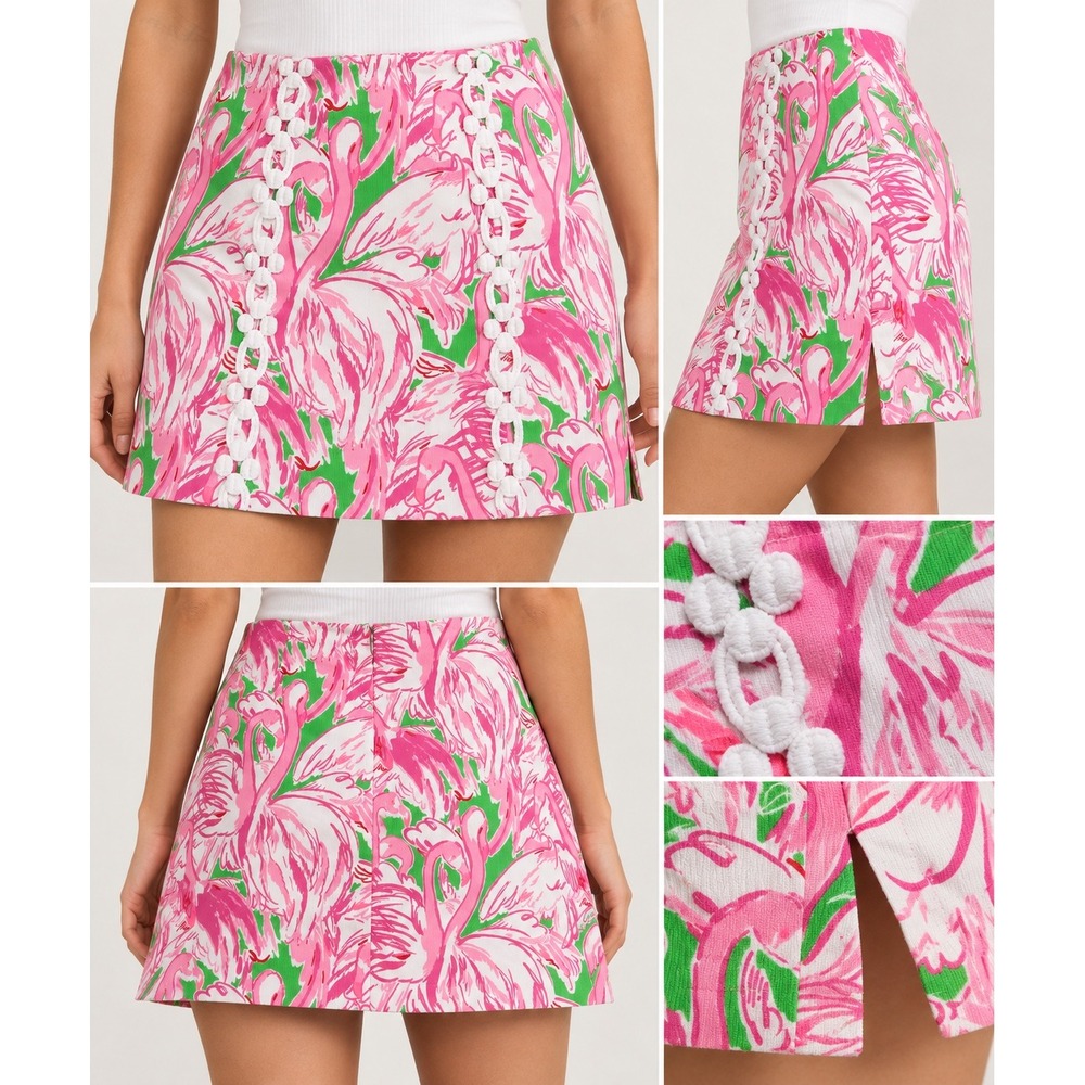 Lilly Pulitzer Flamingo Ciao Skort Pink Green Cotton Pique Lace Size 2